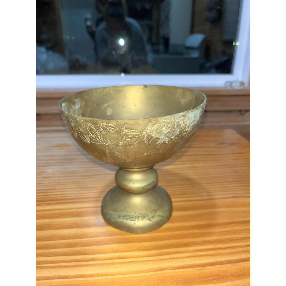 Brass Pedestal Footed Trinket Bowl Floral Pattern Vintage"  Beautiful Patina…….